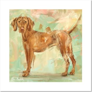 Grungy Painting of a Vizsla on Green Background Posters and Art